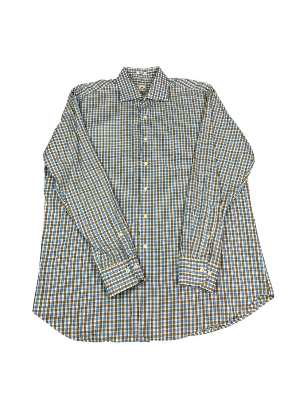 Peter Millar Men's Long Sleeve Button Down Shirt, Blue Brown Check, Size XL